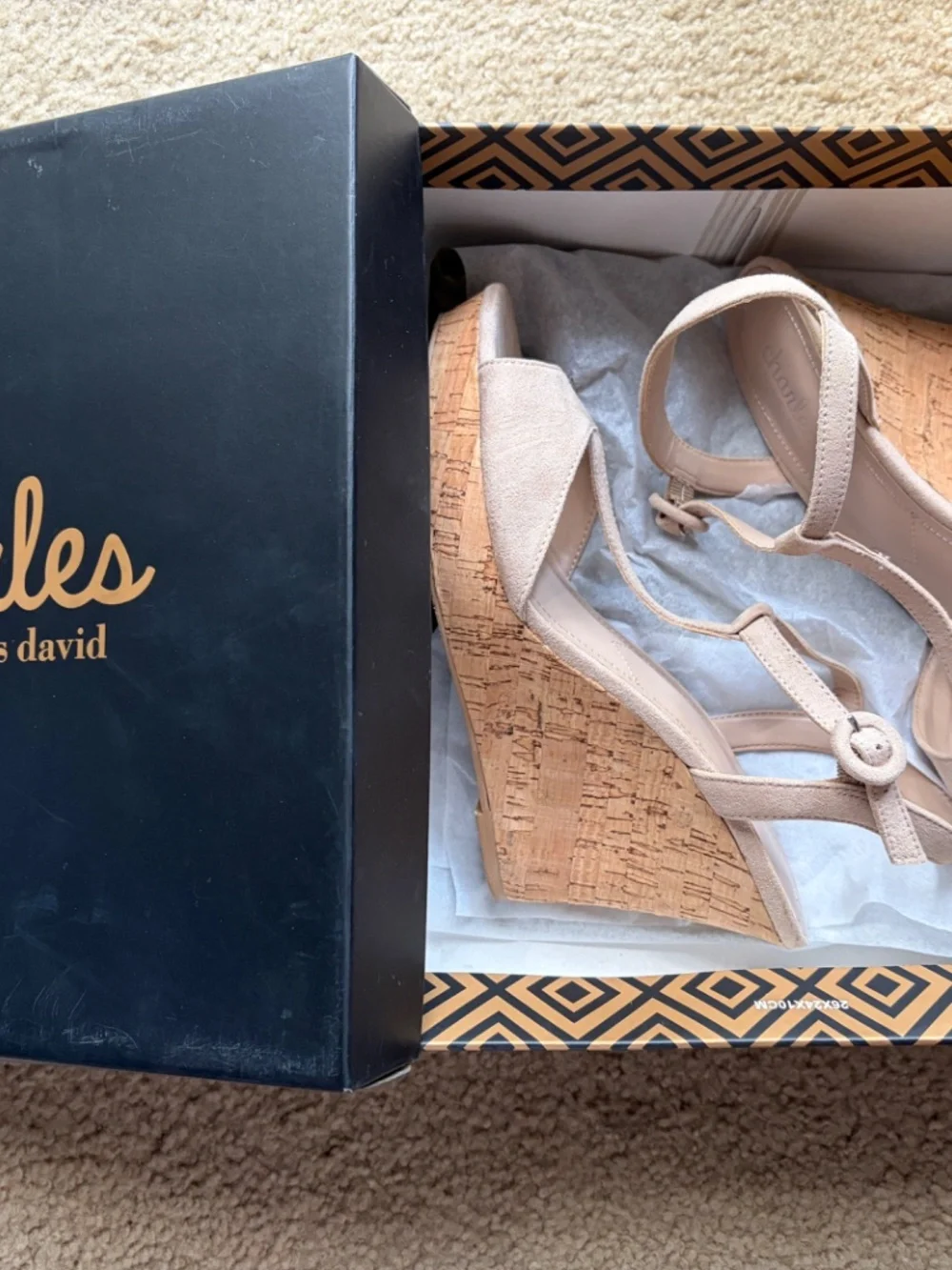 Charles by Charles David Latin Cork Wedge T-Strap Sandal in Nude Suede - With Bo